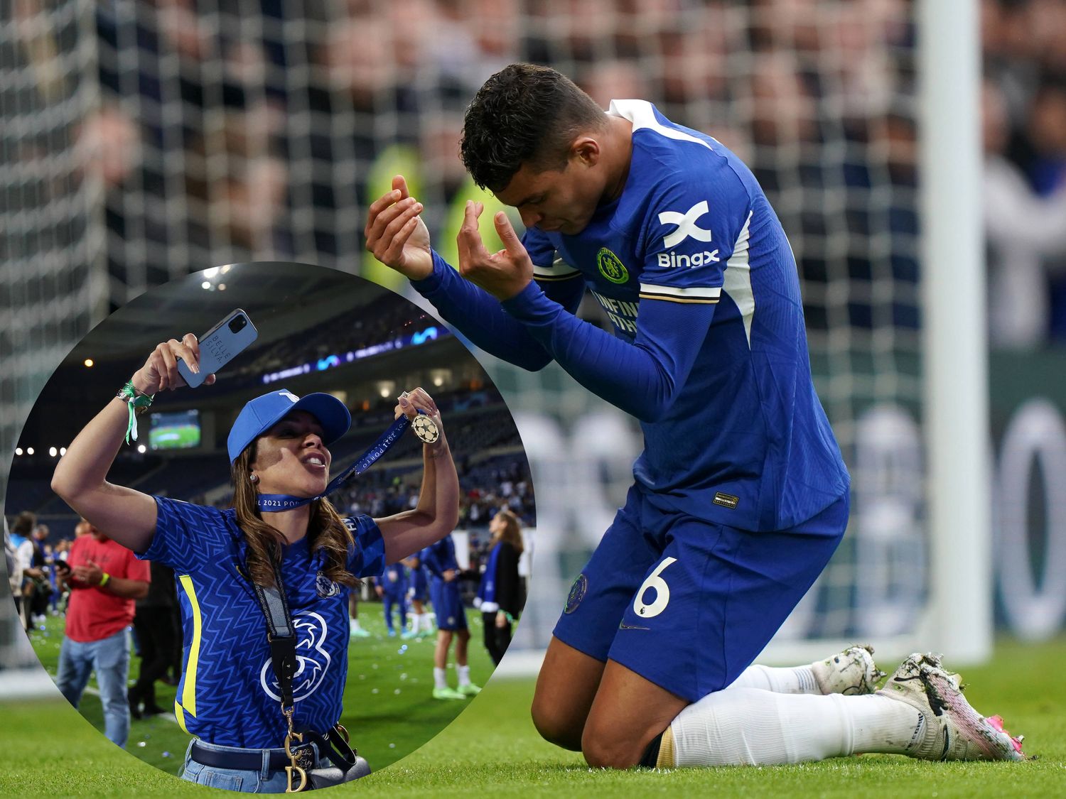 Thiago Silva pictured (right) during Chelsea's 4-2 loss to Wolves in February 2024, next to his wife Belle celebrating after the 2021 Champions League final